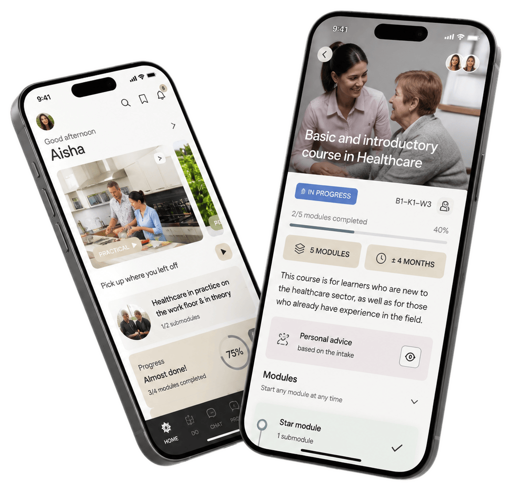 The Floow.ai app: personal progress on the home screen and a course overview with modules and personal advice